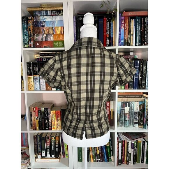 Ashley by 26 International Black Gray Plaid Collared Short Sleeve Top Medium - Picture 3 of 5